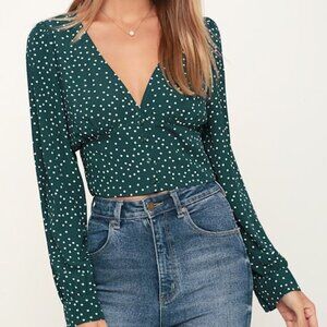 Lulus Love Always Forest Green Polka Dot Long Sleeve Crop Top - Size S